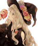  1girl bandages blonde_hair braid dripping ear eating flower food fruit green_eyes hat highres holding lingmuzi long_hair original pomegranate side_braid simple_background wavy_hair white_background witch witch_hat 