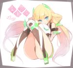  1girl angela_balzac ass blonde_hair blue_eyes blush copyright_name expelled_from_paradise headgear knees_up long_hair looking_at_viewer low_twintails minoa_(lastswallow) signature sitting smile solo twintails very_long_hair 