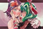 2girls bags_under_eyes bare_shoulders bust drooling green_eyes green_hair hair_ribbon hands_on_another&#039;s_cheeks hands_on_another&#039;s_face kagiyama_hina leaf leaf_on_head long_hair multiple_girls nail_polish open_mouth purple_hair red_eyes ribbon short_hair smile touhou wavy_mouth yasaka_kanako yohane 