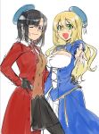  2girls ;) atago_(kantai_collection) beret black_gloves black_hair blonde_hair breasts cleavage cleavage_cutout cosplay gloves hands_on_hips hat kantai_collection long_hair multiple_girls one_eye_closed outstretched_hand pantyhose saber saber_(cosplay) skirt skirt_set smile takao_(kantai_collection) tohsaka_rin toosaka_rin toosaka_rin_(cosplay) tsurusaki_yuu 
