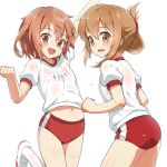  2girls blush brown_eyes brown_hair buruma dripping fang flying_sweatdrops folded_ponytail gym_uniform hair_ornament hairclip highres ikazuchi_(kantai_collection) inazuma_(kantai_collection) kantai_collection looking_at_viewer midriff multiple_girls name_tag navel open_mouth see-through standing standing_on_one_leg sweat sweat_stain sweatdrop sweating wet wet_clothes white_background white_legwear 