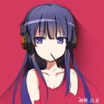  1girl bangs brown_eyes brown_hair bust headphones highres long_hair mouth_hold piripun pocky pocky_day red_background solo 