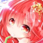  1girl blush close-up clouds drinking drinking_straw face hair_ornament heart highres looking_at_viewer looking_to_the_side original red_disappointment red_eyes redhead sky solo straw sunlight sweat sweatdrop 