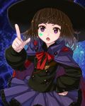  1girl bangs blunt_bangs cape facial_mark hand_on_hip hat long_sleeves open_mouth pointing pointing_at_viewer rikken_(terra_battle) short_hair skirt solo terra_battle violet_eyes witch_hat yagitori 