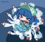  &gt;_&lt; 1girl backpack bag blue_hair chibi hair_bobbles hair_ornament hat inunoko. kawashiro_nitori key looking_at_viewer open_mouth rocket smoke solo touhou two_side_up 