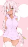  1girl bandages blush braid breasts dark_skin eyepatch highres large_breasts natsuki_straight original solo thigh-highs white_hair white_legwear yellow_eyes 