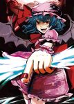  1girl bat_wings blue_hair foreshortening hat moon open_mouth red_eyes red_moon remilia_scarlet ribbon short_hair smile solo syn touhou wings 