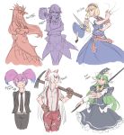  6+girls alice_margatroid blue_eyes character_name dirty doll doll_joints dress fang_out formal frilled_skirt frills fujiwara_no_mokou green_hair grin hat highres hinanawi_tenshi horns kijin_seija lance long_hair mefomefo mima miracle_mallet multiple_girls necktie ofuda pant_suit pants payday_(series) pickaxe polearm puppet_rings puppet_strings purple_hair rip shanghai_doll shirt short_hair sketch skirt smile staff star suit suspenders touhou weapon wizard_hat yellow_eyes 