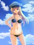  1girl bare_shoulders bikini bismarck_(kantai_collection) black_bikini blonde_hair blue_eyes blue_sky breasts collarbone contrapposto cowboy_shot hands_on_hips hat kantai_collection long_hair looking_at_viewer military_hat mound_of_venus navel peaked_cap sky solo swimsuit takepon 
