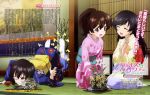  3girls absurdres black_hair blush brown_hair closed_eyes copyright_name falling flower girls_und_panzer grimace highres indoors isuzu_hana japanese_clothes kawashima_momo kimono koyama_yuzu long_hair looking_at_another monocle multiple_girls official_art open_mouth ponytail seiza short_hair sitting smile tabi tatami tears trembling wince yoshida_nobuyoshi 