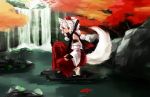  1girl animal_ears autumn_leaves bare_shoulders black_scarf bridal_gauntlets detached_sleeves full_body hat highres inubashiri_momiji katana leaf looking_at_viewer nature open_mouth piroriking pom_pom_(clothes) red_eyes scarf short_hair solo sword tail tokin_hat touhou tree water waterfall weapon wolf_ears wolf_tail 