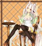  1girl absurdres animal_ears blush breasts brown_eyes chair cleavage fox_ears highres lipstick_tube long_hair looking_at_viewer open_mouth original shirohina silver_hair sitting smile solo thigh-highs 