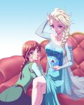  2girls anna_(frozen) bare_shoulders blonde_hair blue_dress blue_eyes braid crossed_legs dress elsa_(frozen) frozen_(disney) glass hands_on_own_cheeks hands_on_own_face josei_nyoshou lips long_hair looking_at_viewer multiple_girls redhead siblings single_braid sisters sitting smile 