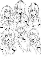  &gt;:o 1girl :o angry blush bust clenched_hand collared_shirt expressions frown grin hat index_finger_raised kamukamu_(ars) looking_at_viewer looking_away monochrome nervous nervous_smile sad shameimaru_aya short_hair sketch smile sweatdrop talking thinking tokin_hat touhou 