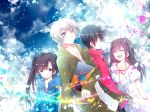  2boys 2girls :d ^_^ black_eyes black_hair blush brown_hair closed_eyes clouds dress enomoto_takane everyone facial_tattoo grey_eyes happy hoodie kagerou_project kisaragi_shintarou kokonose_haruka long_hair multiple_boys multiple_girls open_mouth quartet ribbon short_hair shuumatsu_(lulux_woodoo) sky smile tateyama_ayano tattoo twintails white_hair wind 