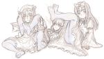  3girls ass bare_legs barefoot blush bow dress hair_bow headlock highres juliet_sleeves kuro_suto_sukii legs_up long_hair long_sleeves luna_child mob_cap monochrome multiple_girls open_mouth puffy_sleeves sitting sketch smile spot_color spread_legs star_sapphire sunny_milk touhou wide_sleeves 