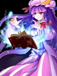  1girl black_background book bow crescent hair_bow hat long_hair orb patchouli_knowledge purple_hair ribbon rumirumi solo touhou violet_eyes 