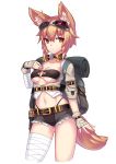  1girl animal_ears bandages blonde_hair breasts choker denim denim_shorts dev fingerless_gloves fox_ears fox_tail gloves goggles goggles_on_head highres midriff navel o-ring_top orange_eyes original short_hair shorts simple_background solo tail white_background 