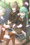  2girls ascot brown_eyes brown_hair brown_legwear brown_skirt crossed_legs frilled_skirt frills gen_withillust green_eyes green_hair hair_ornament hairclip high_ponytail highres kantai_collection kumano_(kantai_collection) looking_at_viewer multiple_girls park_bench pleated_skirt school_uniform sitting skirt smile striped striped_legwear suzuya_(kantai_collection) thigh-highs 