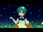  1girl :d antennae blush bust cape cato_(monocatienus) collared_shirt fireflies flat_chest green_eyes green_hair long_sleeves looking_at_viewer open_mouth short_hair smile solo touhou wriggle_nightbug 