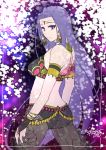  1girl arabian_clothes bracelet breasts bridal_gauntlets dancer earrings fate/stay_night fate_(series) from_behind highres jewelry long_hair looking_back purple_hair rider see-through solo violet_eyes 