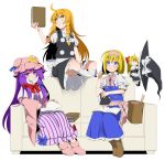  4girls ahoge alice_margatroid blonde_hair book bow braid couch eichi_yuu female grin hair_bow hair_ribbon hairband hat hat_removed headwear_removed holding kirisame_marisa lolita_hairband long_hair looking_at_viewer mob_cap multiple_girls patchouli_knowledge purple_hair ribbon sewing shanghai_doll short_hair simple_background single_braid sitting smile touhou violet_eyes white_background witch_hat yellow_eyes 