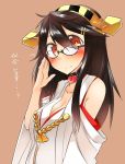  1girl adjusting_glasses bespectacled black_hair brown_eyes choker detached_sleeves flying_sweatdrops glasses hair_ornament hairband hairclip haruna_(kantai_collection) kantai_collection long_hair looking_at_viewer nontraditional_miko pleated_skirt simple_background skirt solo translation_request tsukui_kachou 
