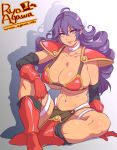  1girl agawa_ryou artist_name blue_eyes boots breasts cleavage curly_hair dragon_quest dragon_quest_iii huge_breasts looking_at_viewer midriff naughty_face purple_hair shadow shoulder_pads smile soldier_(dq3) solo toned 