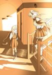  2girls ^_^ cape closed_eyes hands_on_hips highres kantai_collection kinosuke_(sositeimanoga) kiyoshimo_(kantai_collection) long_hair looking_at_another multiple_girls musashi_(kantai_collection) pantyhose school_uniform sepia shadow sketch skirt stairs thigh-highs 