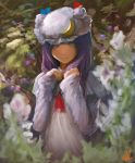  1girl blurry crescent depth_of_field flower hat long_hair looking_at_viewer matsura_ichirou patchouli_knowledge purple_hair solo touhou 