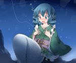  1girl animal_ears blue_eyes blue_hair blush commentary_request fishing_hook fishing_line hammer_(sunset_beach) head_fins japanese_clothes kimono long_sleeves mermaid monster_girl obi open_mouth sash short_hair solo touhou underwater wakasagihime 