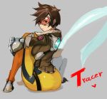  1girl ass bomber_jacket breasts brown_hair character_name goggles grey_background hirundo_rustica jacket lena_oxton looking_at_viewer looking_back overwatch robot_joints short_hair simple_background sitting solo tracer_(overwatch)doll_joints 