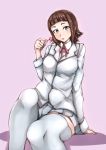  1girl bangs blazer blue_eyes blunt_bangs breasts brown_hair candy gggg gundam gundam_build_fighters gundam_build_fighters_try highres lollipop looking_at_viewer open_mouth sakashita_yomi saliva saliva_trail school_uniform sitting thigh-highs tongue tongue_out white_legwear 