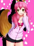  1girl alternate_costume alternate_hairstyle animal_ears blush breasts caster_(fate/extra) casual cleavage collarbone fate/extra fate_(series) fox_ears fox_tail long_hair looking_at_viewer open_clothes open_shirt pink_background pink_hair simple_background smile solo tail tetsu_(114351) twintails yellow_eyes 
