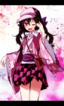  1girl black_hair bow fang hand_in_hair hat highres himekaidou_hatate japanese_clothes letterboxed long_sleeves looking_at_viewer one_eye_closed pink_eyes s-syogo shirt skirt sleeveless solo touhou wide_sleeves 