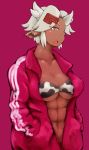  1girl abs bandeau blush breasts cleavage cow_horns cow_print dark_skin grey_hair hair_ornament hairclip hands_in_pockets highres horns large_breasts minotaur monster_girl navel open_clothes original pink_background pink_eyes san_mamiya short_hair sideways_mouth solo track_jacket under_boob 