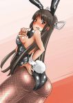  1girl animal_ears ass ayuayu_(shouyu_no_sato) bowtie breasts brown_eyes brown_hair bunny_girl bunny_tail bunnysuit cleavage detached_collar fishnet_pantyhose fishnets hair_ornament hair_ribbon hime_cut hiyou_(kantai_collection) kantai_collection long_hair looking_back open_mouth pantyhose playboy_bunny_leotard rabbit_ears ribbon solo tail wrist_cuffs 