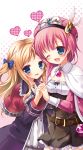  2girls ;d aono_ribbon atelier_(series) atelier_rorona blonde_hair blue_eyes bow breasts cleavage cuderia_von_feuerbach hair_bow hair_ornament hair_ribbon hat height_difference holding_hands interlocked_fingers long_hair looking_at_viewer multiple_girls one_eye_closed open_mouth pink_hair ribbon rororina_fryxell short_hair smile two_side_up 