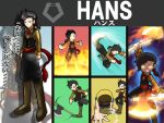  1boy axe bangs beru_to_okashinoie black_eyes black_hair boots character_name commentary_request final_smash fire flame glowing glowing_eyes hammer hans_(beru_to_okashinoie) highres kicking looking_at_viewer open_mouth outline parody shan_grila short_ponytail silhouette solo super_smash_bros. sweatdrop symbol throwing weapon zoom_layer 