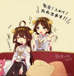  2girls :d ahoge aoki_hagane_no_arpeggio bare_shoulders blue_eyes boots brown_hair closed_eyes crossed_legs cup detached_sleeves fang haroko_(haloco) headgear hiei_(kantai_collection) kantai_collection kirishima_(aoki_hagane_no_arpeggio) kongou_(kantai_collection) long_hair multiple_girls nontraditional_miko open_mouth pillow ribbon-trimmed_sleeves ribbon_trim short_hair smile sparkle stuffed_animal stuffed_toy teacup teddy_bear thigh-highs thigh_boots translation_request twitter_username yotarou_(aoki_hagane_no_arpeggio) 