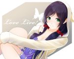  1girl blush bow butterfly collarbone copyright_name green_eyes hair_bow highres hoodie kentaurosu long_hair looking_at_viewer love_live!_school_idol_project low_twintails purple_hair solo toujou_nozomi twintails 