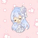  1girl ^_^ bare_shoulders chibi closed_eyes dress jewelry long_hair looking_at_viewer matoi_(pso2) milkpanda necklace open_mouth phantasy_star phantasy_star_online_2 silver_hair smile solo wedding_dress white_dress 