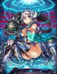  1girl bent_knees blue_eyes bodysuit breasts cleavage gia gradient_eyes headgear highres legs looking_at_viewer mecha_musume multicolored_eyes original red_eyes revealing_clothes science_fiction short_hair signature silver_hair solo thigh-highs weapon 
