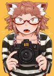 1girl animal_ears bespectacled blush brown_eyes brown_hair camera cat_ears freckles glasses highres open_mouth original red-framed_glasses san_mamiya semi-rimless_glasses short_hair solo strap striped under-rim_glasses yellow_background 