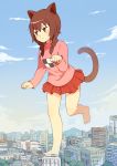  1girl animal_ears artist_request cat_ears cat_tail giantess highres madotsuki pleated_skirt skirt tail yume_nikki 