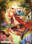  1girl ;d animal_ears apple bird boots bow brown_eyes brown_hair food fruit grass hair_bow hair_ribbon holding hooded_cloak house kirero last_chronicle long_hair looking_at_viewer official_art one_eye_closed open_mouth original ribbon sitting smile solo staff tail tree wolf_ears wolf_tail 