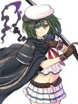  1girl cape eyepatch green_eyes green_hair hat horosuke_(toot08) kantai_collection kiso_(kantai_collection) school_uniform serafuku sword weapon 