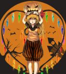  1girl alternate_costume bat berabou blonde_hair clock clock_tower cross flandre_scarlet hair_ribbon halloween halloween_costume hat highres jack-o&#039;-lantern open_mouth orange_sky red_eyes ribbon shirt short_hair shorts side_ponytail solo touhou tower tree wings 