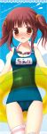  1girl aono_ribbon blush breasts brown_eyes brown_hair cleavage embarrassed goggles goggles_around_neck idolmaster idolmaster_cinderella_girls innertube looking_at_viewer name_tag ogata_chieri open_mouth school_swimsuit solo swimsuit translation_request twintails 