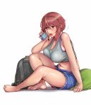  1girl backpack bag barefoot blush breasts brown_eyes brown_hair camera cellphone cleavage large_breasts midriff navel older open_mouth phone rozen_maiden short_hair short_shorts shorts simple_background sitting solo souseiseki tank_top tsuda_nanafushi white_background 